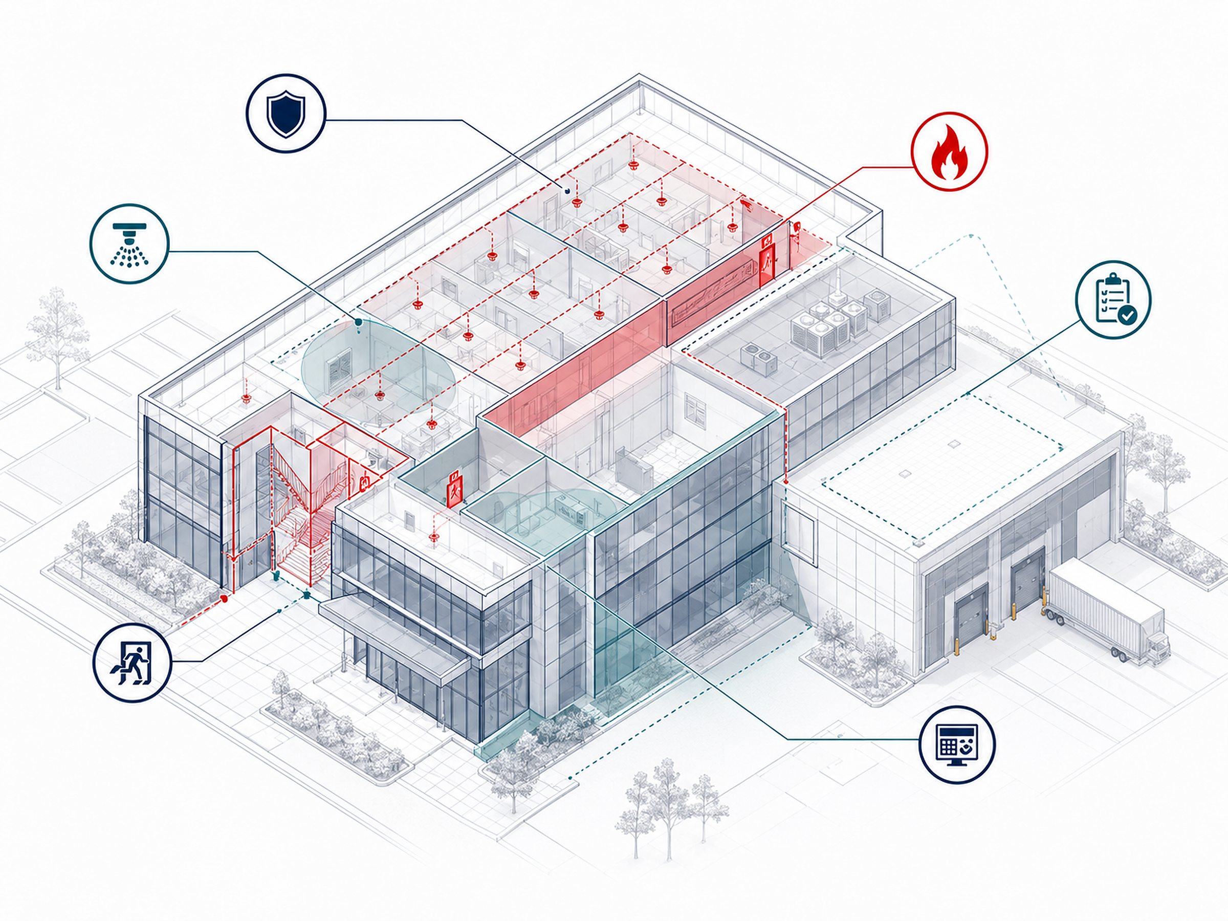 Isometric facility schematic with fire and life safety system overlays, egress paths, sprinkler coverage, and review callouts